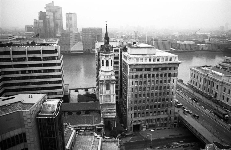 View from The Monument looking south over the church of St. Magnus Martyr, Adelaide House and London
