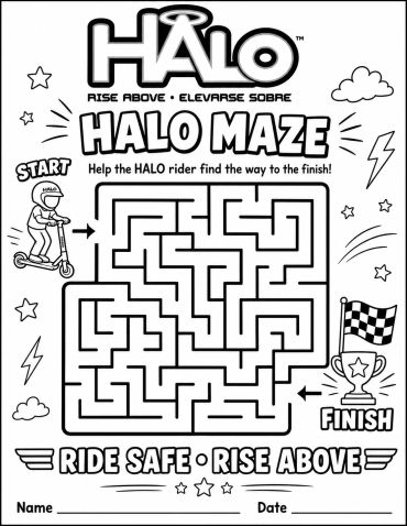 A black-and-white HALO-themed maze activity sheet with start and finish points.