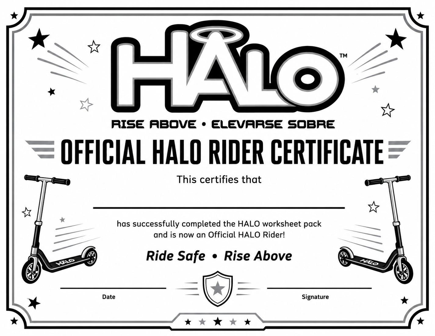 Official HALO Rider Certificate for safe and skilled scooter riding.