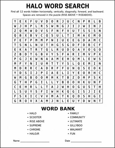 A word search puzzle titled 'HALO WORD SEARCH' with a word bank of 12 words.