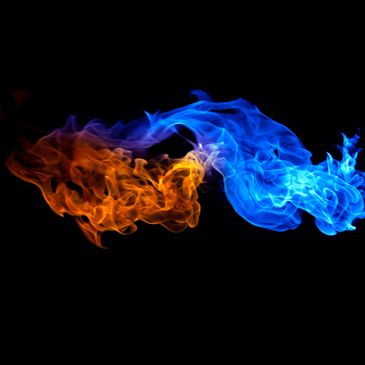 Vibrant blue and orange flames intertwining against a black background.