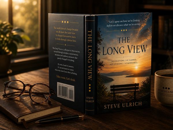 The Long View by Steve Ulrich beside reading glasses and a mug in warm window light.