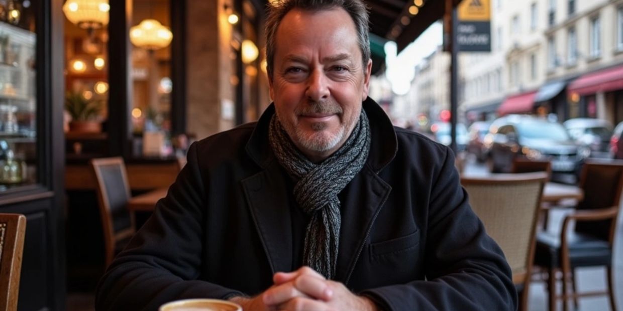 Man in scarf sitting at a cafe table outside.
