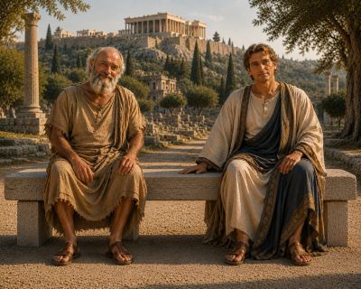 Two men dressed in ancient Greek attire sitting on a stone bench.