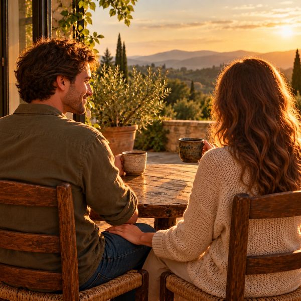 Two people sharing a quiet moment with coffee on a terrace overlooking sunlit hills.