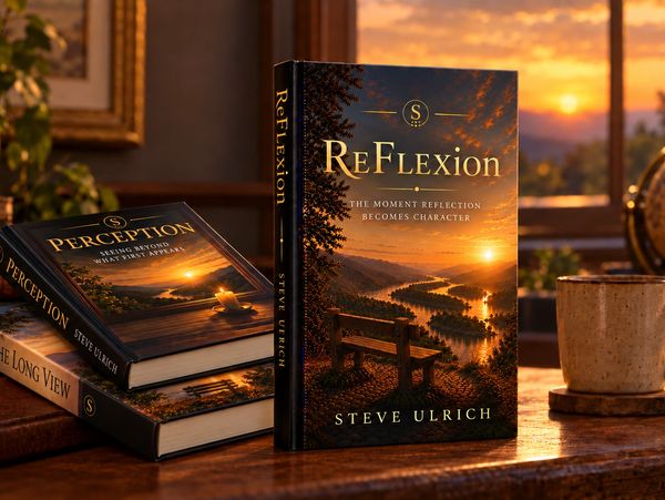 ReFlexion by Steve Ulrich beside stacked books and a coffee mug at sunset.
