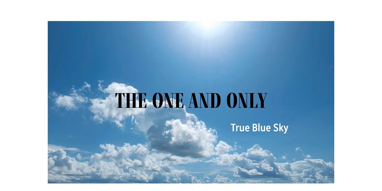 Bright blue sky with fluffy white clouds and bold text overlay.