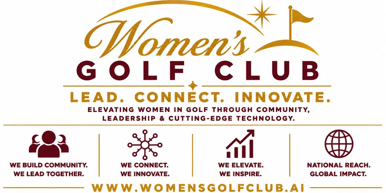 Logo and mission statement of Women's Golf Club promoting leadership and innovation.
