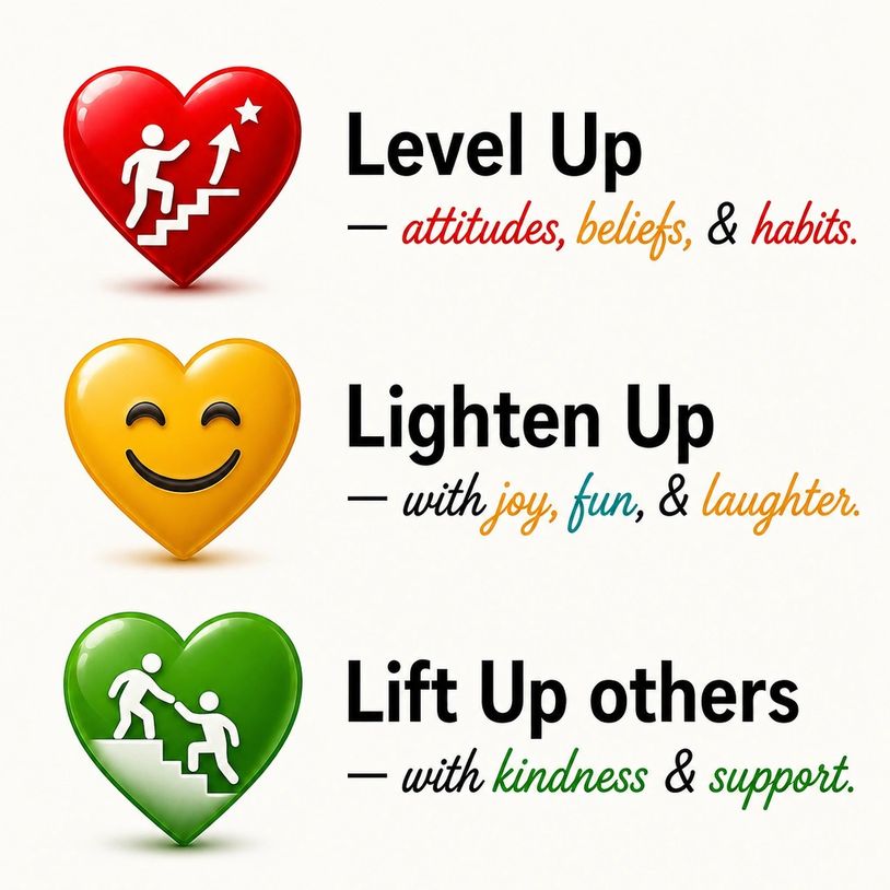 Level Up — attitudes, beliefs, & habits.
Lighten Up — with joy, fun, & laughter.
Lift Up others — wi