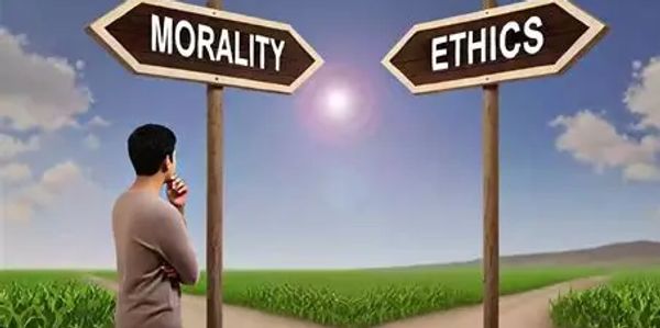 Man contemplating choices between morality and ethics at a crossroads.