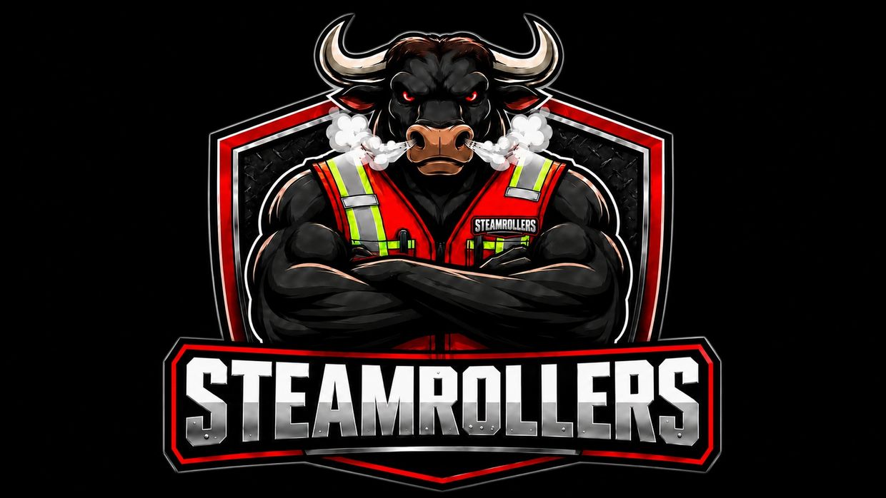 Angry muscular bull mascot with steam coming from nostrils and "STEAMROLLERS" text.