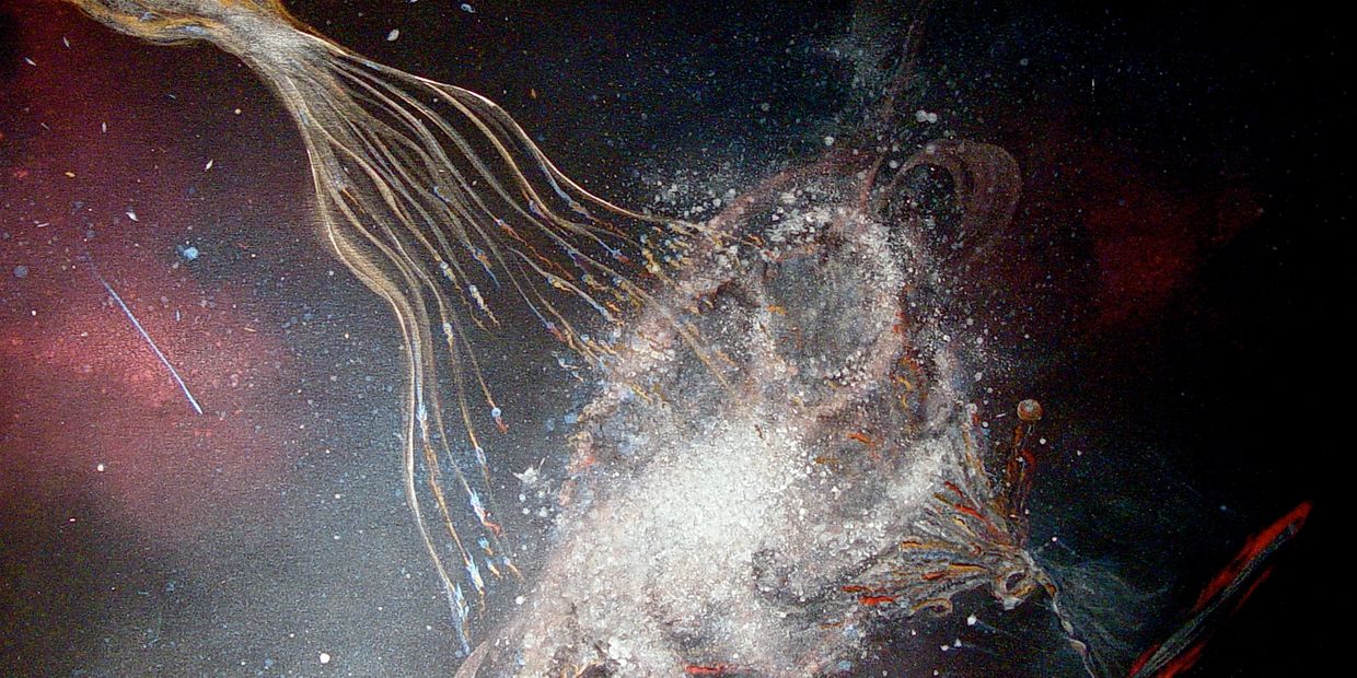 Abstract cosmic scene with swirling elements and a glowing orb.