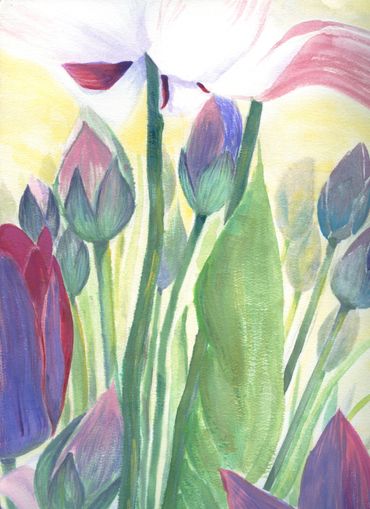 Watercolor painting of tulip buds and leaves with soft pastel colors.