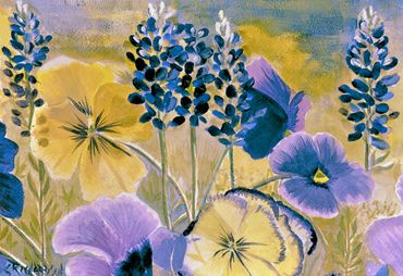 Watercolor painting of blue and yellow flowers with green stems.