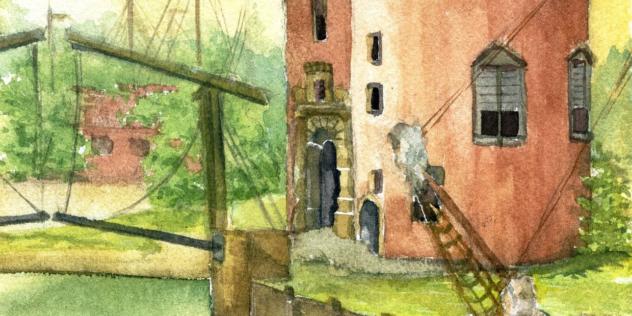Watercolor painting of a historic clock tower by a river with a boat.
