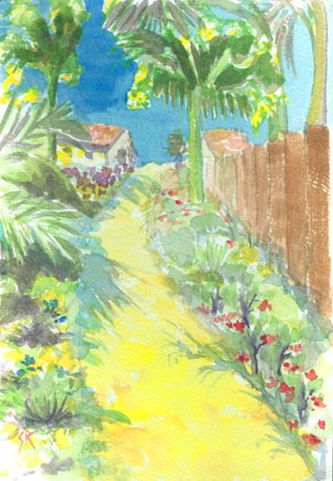 Watercolor painting of a sunny garden path with palm trees and flowers.
