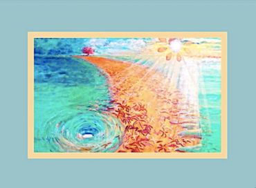 A colorful surreal landscape with a bright sun, path, and water whirlpool.