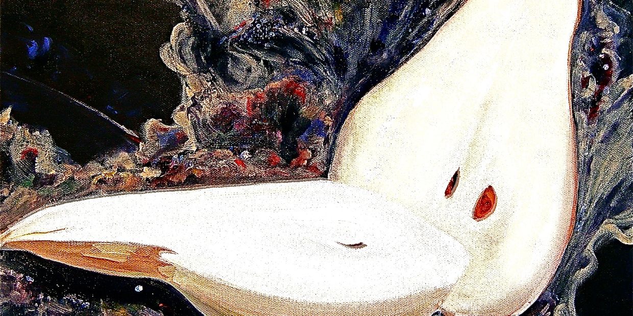 A surreal painting of two pear halves with a cosmic, dark swirling background.