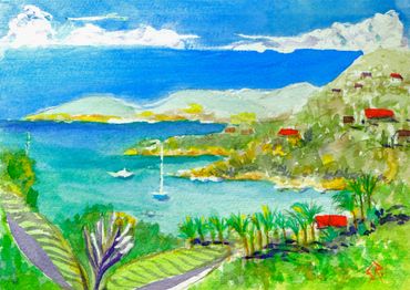 Watercolor painting of a coastal landscape with blue sea, green hills, and red-roofed houses.