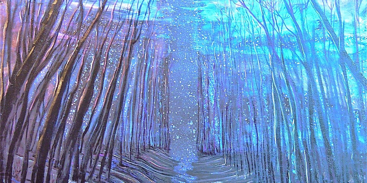 A mystical forest path under a starry, colorful night sky.