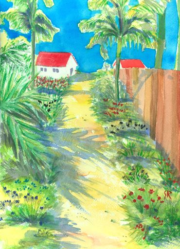 Watercolor painting of a sunny path with palm trees and red-roofed houses.