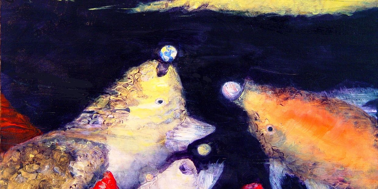 Nebula fish scoring on the tail of a comet in space.