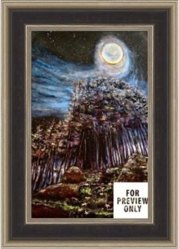 Framed painting of a moonlit forest with swirling clouds at night.