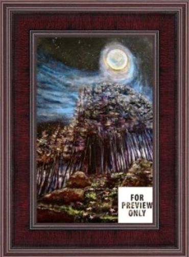 Framed painting of a forest under a glowing full moon with swirling clouds.