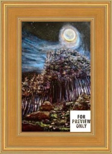 Framed painting of a moonlit night over a forest with swirling clouds.