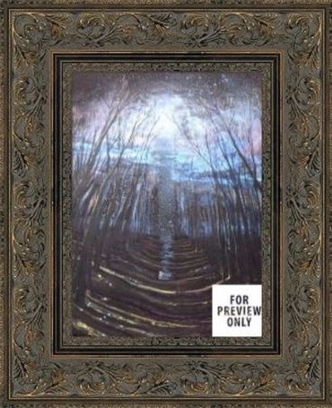 Framed artwork of a forest scene with a bright light in the center.
