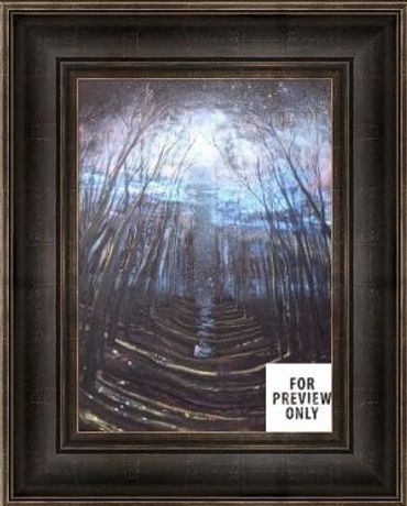 A dark forest scene with a glowing light in the distance under a cloudy sky.