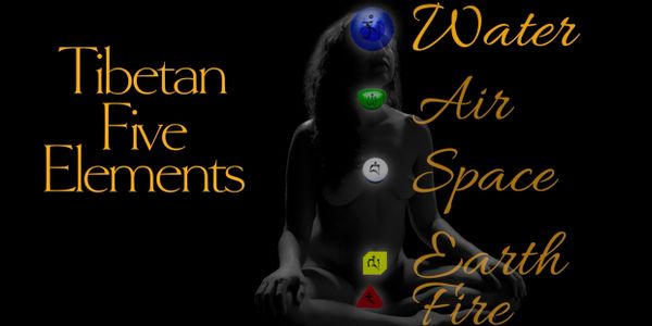 Tibetan 5 Elements of Water Air Space Earth and Fire diagram showing specific chakra points with a black background.
