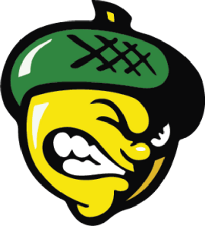 A yellow acorn character wearing a green hat with a determined expression.