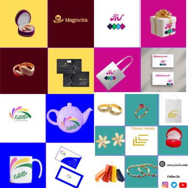A colorful branding and logo design collage showcasing various products and business cards.