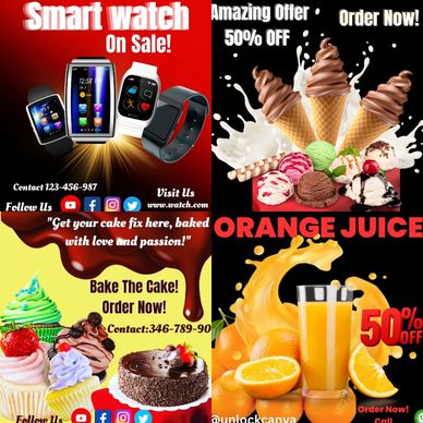Advertisement collage featuring smartwatches, desserts, and orange juice discounts.