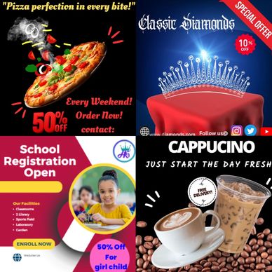 Four promotional ads: pizza discount, diamond sale, school registration, and cappuccino delivery.