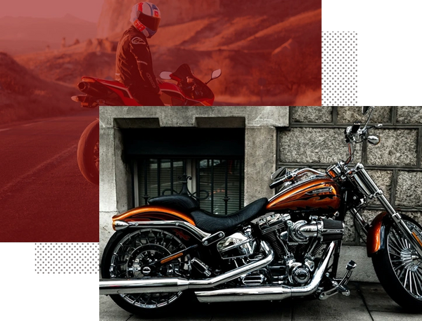 Collage images of two gold motorcycle parking and running