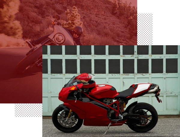 Collage images of two Red motorcycle parking and running
