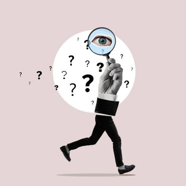 Person running with a magnifying glass eye and question marks around.