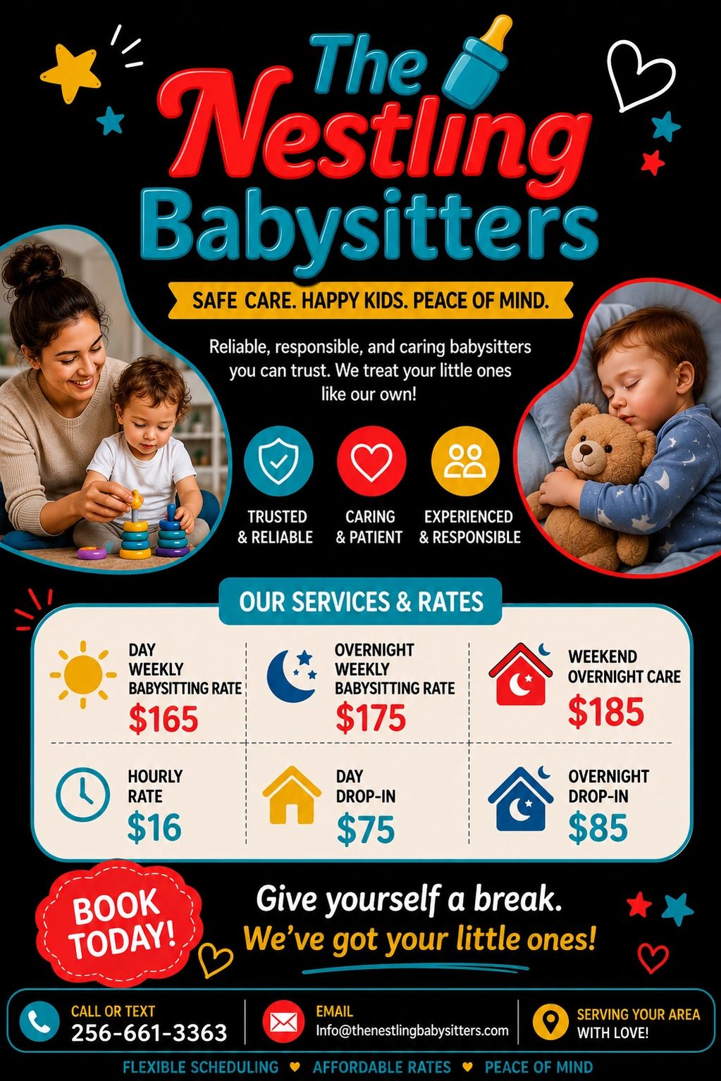 The Nestling Babysitters offers trusted, caring, and experienced childcare with various rates and flexible scheduling.