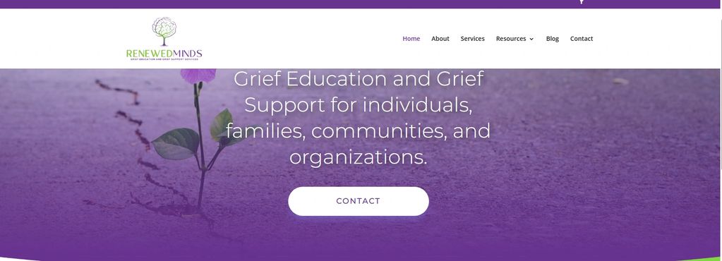 Website banner promoting grief education and support services.