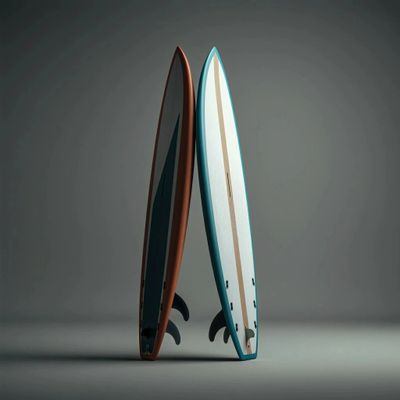 Two surfboards standing upright against a gray background.