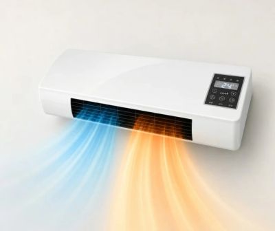 Wall-mounted air conditioner blowing hot and cold air.
