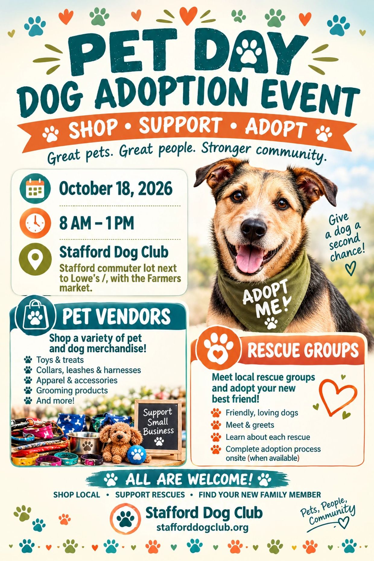 Pet Day dog adoption event on October 18, 2026, at Stafford Dog Club.