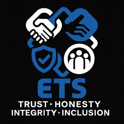 Logo with handshake, shield, and people icons symbolizing trust and inclusion for ETS.