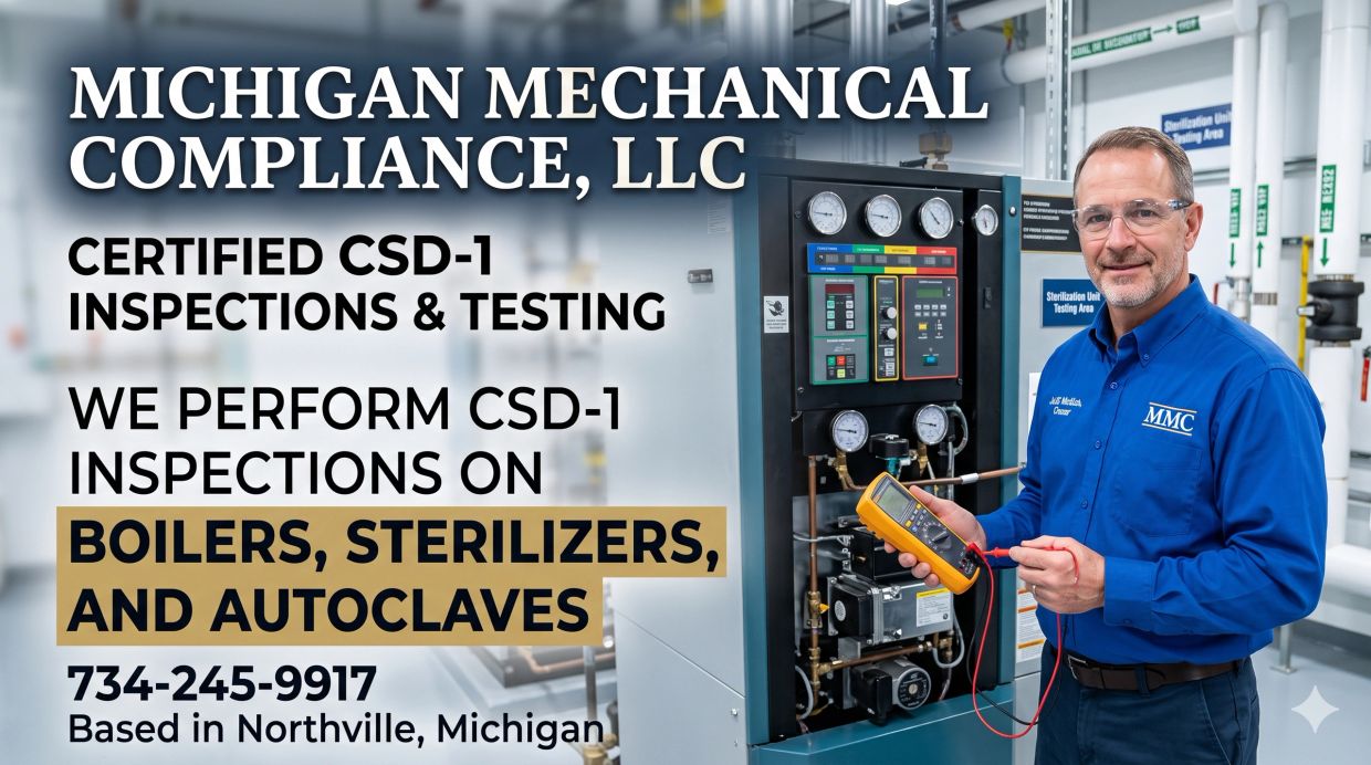 Technician performing CSD-1 inspections on boilers and sterilizers.