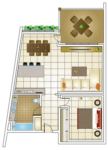 Modern one-bedroom apartment floor plan with open living, dining, kitchen, and balcony areas.