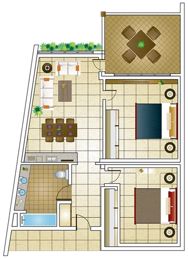 Two-bedroom apartment floor plan with living, dining, kitchen, bathroom, and balcony areas.
