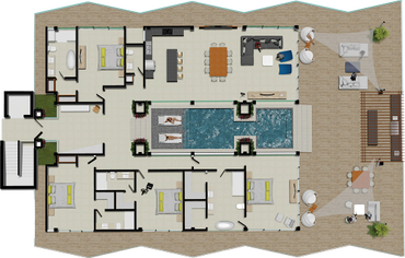 Modern house floor plan featuring four bedrooms, a pool, and outdoor seating areas.