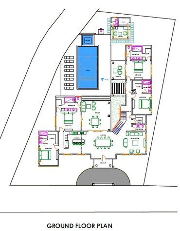 Architectural ground floor plan featuring bedrooms, living spaces, and a pool area.